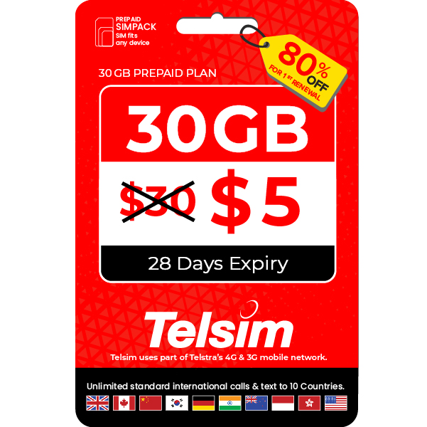 30GB special offer prepaid plan for 5 dollars valid for 28 days, free simcards