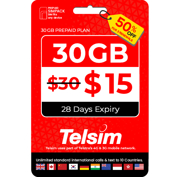 30GB special offer prepaid plan for 15 dollars valid for 28 days, free simcards