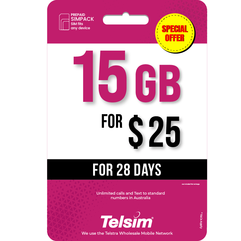 15GB prepaid plan for 25 dollars valid for 28 days, free simcards.
