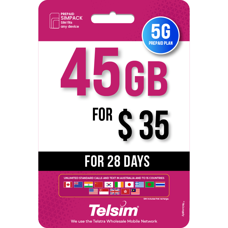 45GB special offer prepaid plan for 15 dollars valid for 28 days, free simcards
