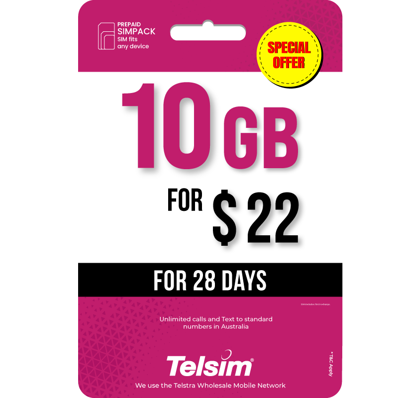 10GB prepaid plan for 22 dollars valid for 28 days, free simcards.
