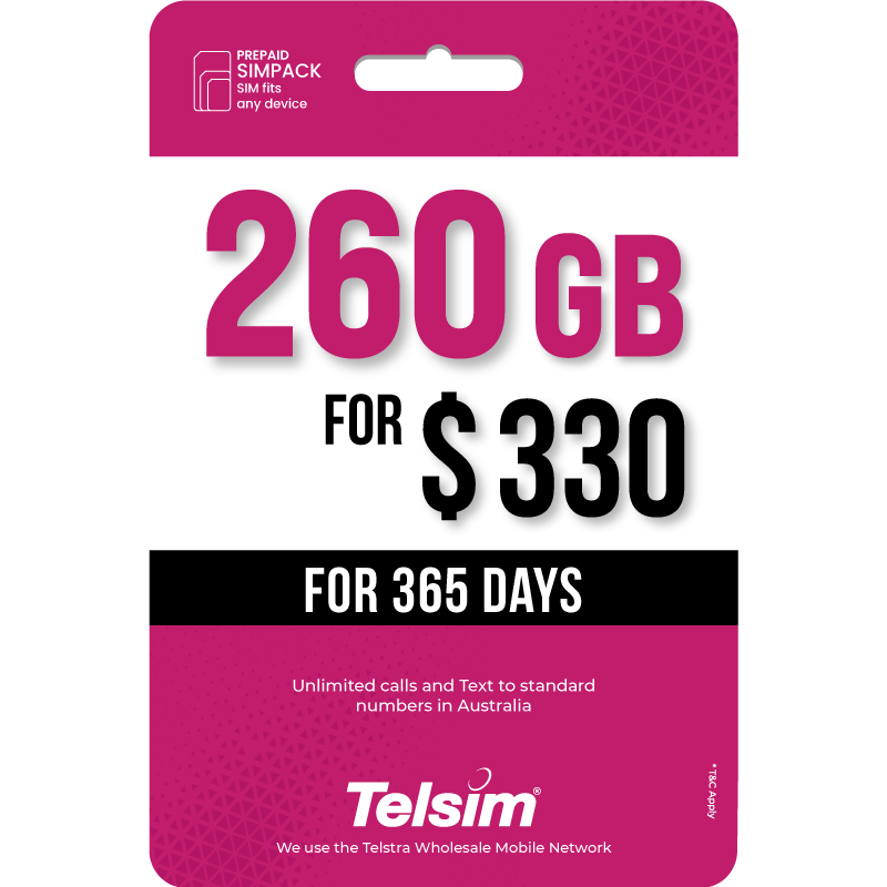260GB prepaid plan for 250 dollars valid for 365 days, free simcards